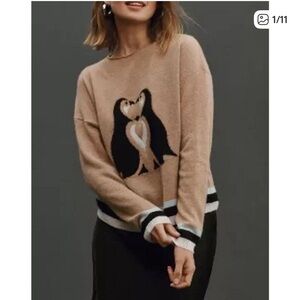Anthropologie Maeve Cashmere Critter Graphic Sweater Womens Small S Penguins NEW